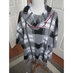 PRETTY BLACK AND WHITE PONCHO TRIMMED IN RED BY FEVER SIZE S-M